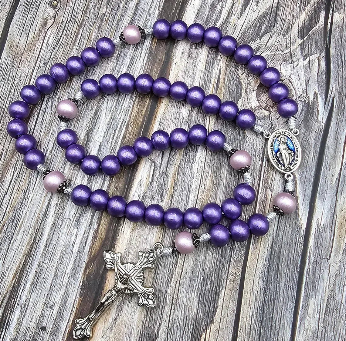 Miraculous Medal Wood Rosary purple